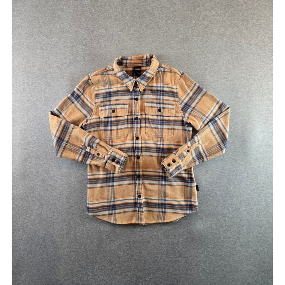 Patagonia Fjord Flannel Womens S Tan Blue Plaid Organic Cotton 53916 Gorpcore